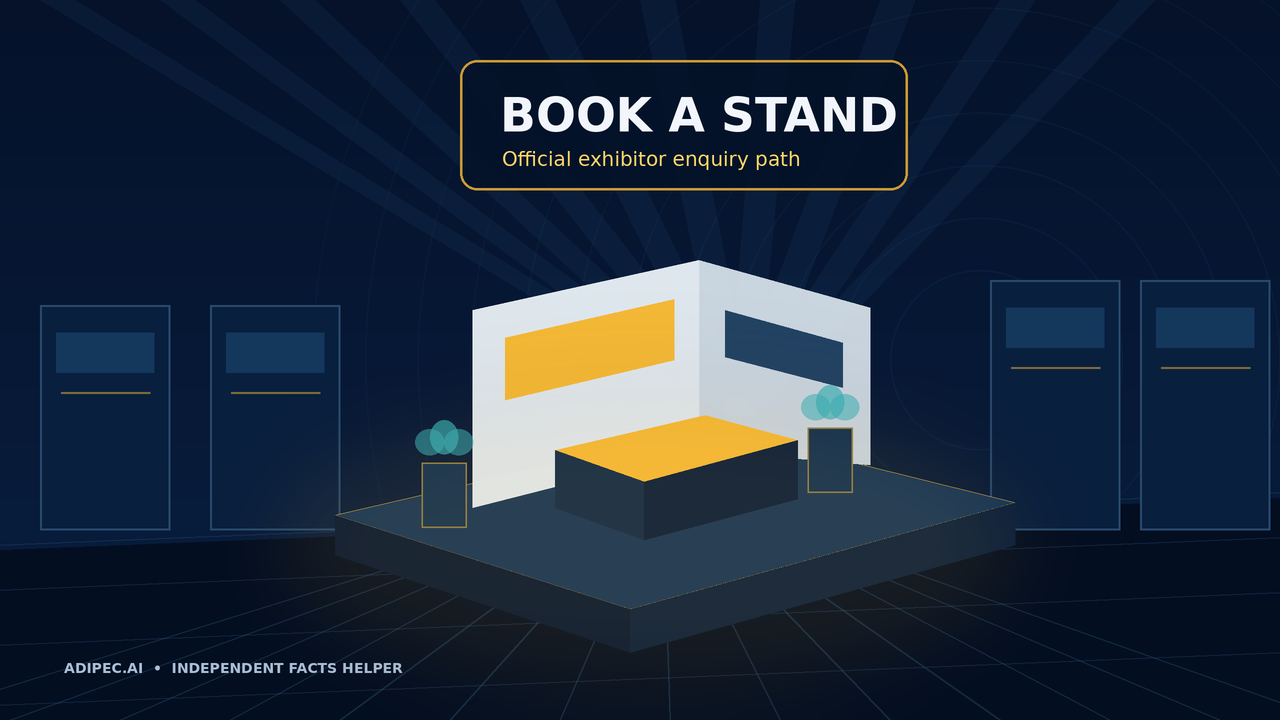 Stylised exhibition stand in a dark blue and gold venue hall with no people