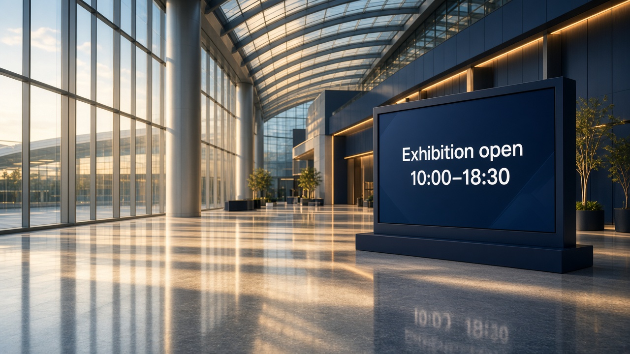 Exhibition hall atrium with a board showing opening hours 10:00–18:30